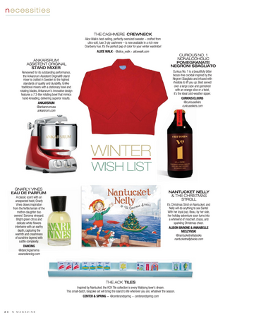Winter wish list featuring a red sweater, stand mixer, bottle of wine, and children's book on a white background.