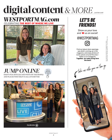 Magazine layout with WestportMag.com branding and images of people in various settings.